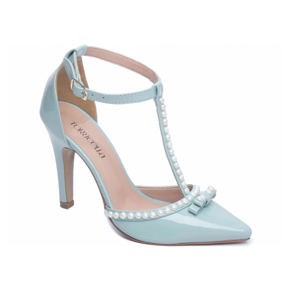 Sapato Scarpin Salto Alto Ajuste Fivela Bico Fino Verniz Azul