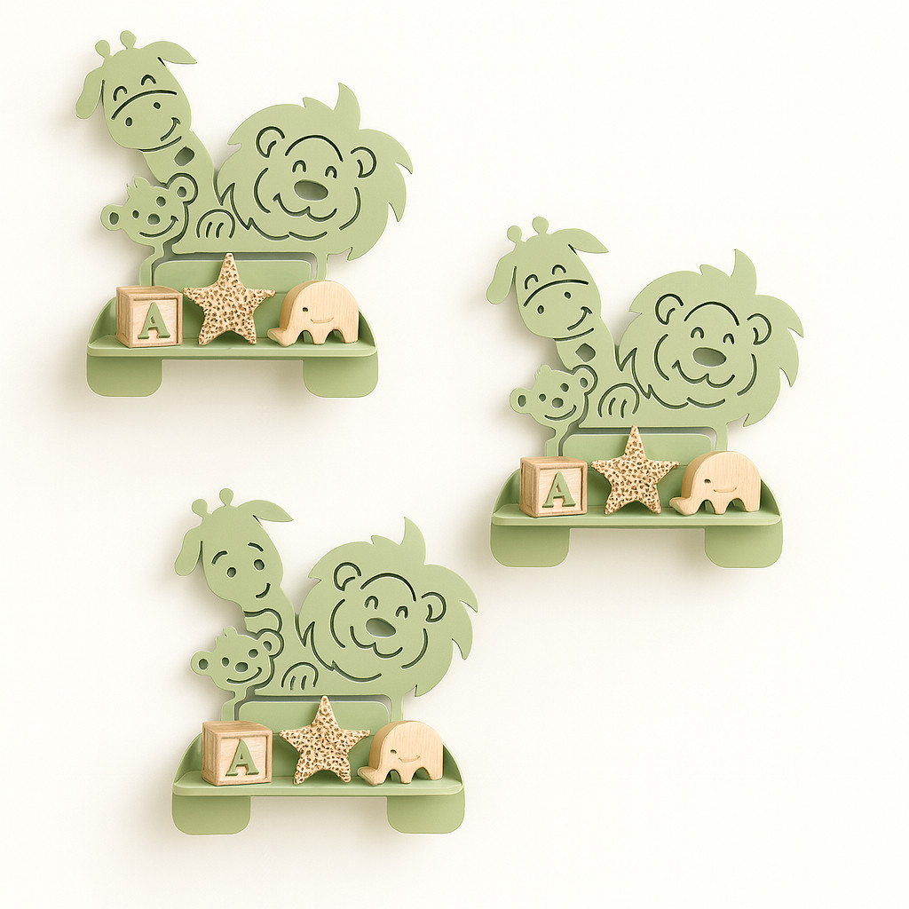 kit com 3 Prateleira Infantil Safari Verde em MDF com Animais – Decoração Quarto Bebê Menino/Unissex