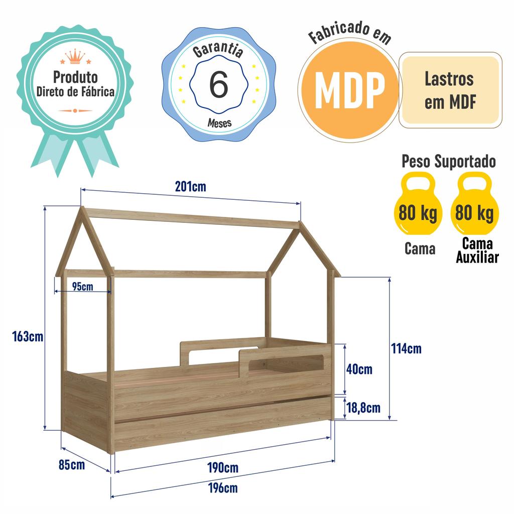 Cama Infantil Montessoriana Bicama Casa Solteiro Menino Menina Proteção Lateral Cama Auxiliar Aveiro
