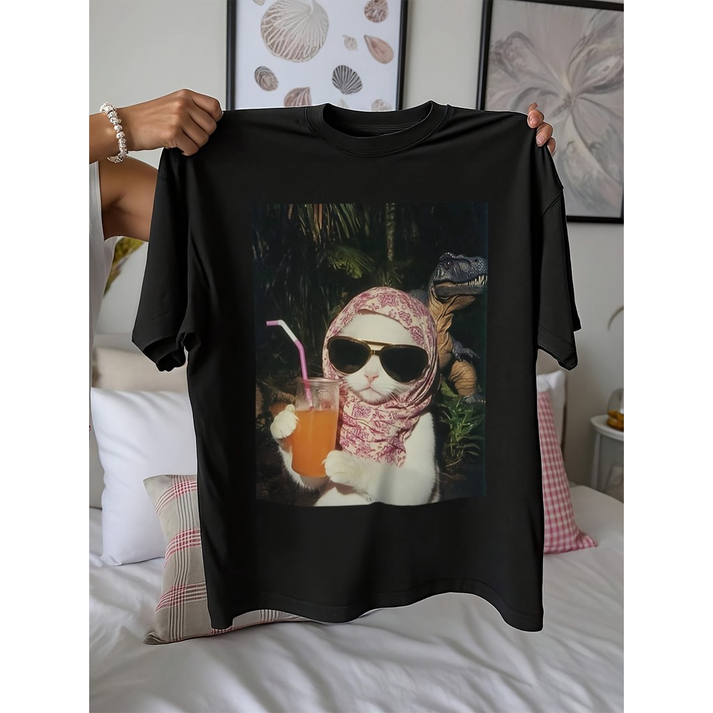 Camiseta 2026 T-shirt Feminina Gatos Dinossauros Florais Diversão Estampa Desenho Colorido Confortável Divertida Fofa Ve