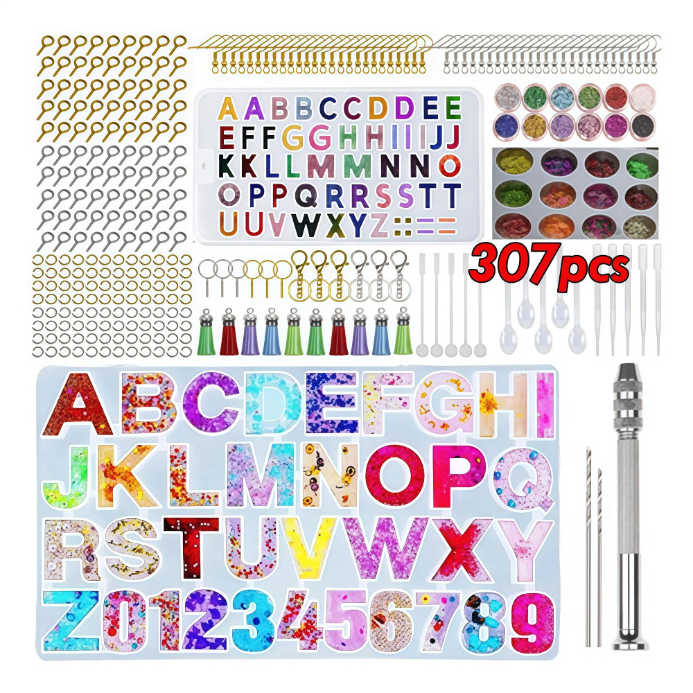308 peças Kit De Silicone Epóxi Resina Alfabeto Letras Número DIY Chaveiro/Earring Pendant Moldes Reversa