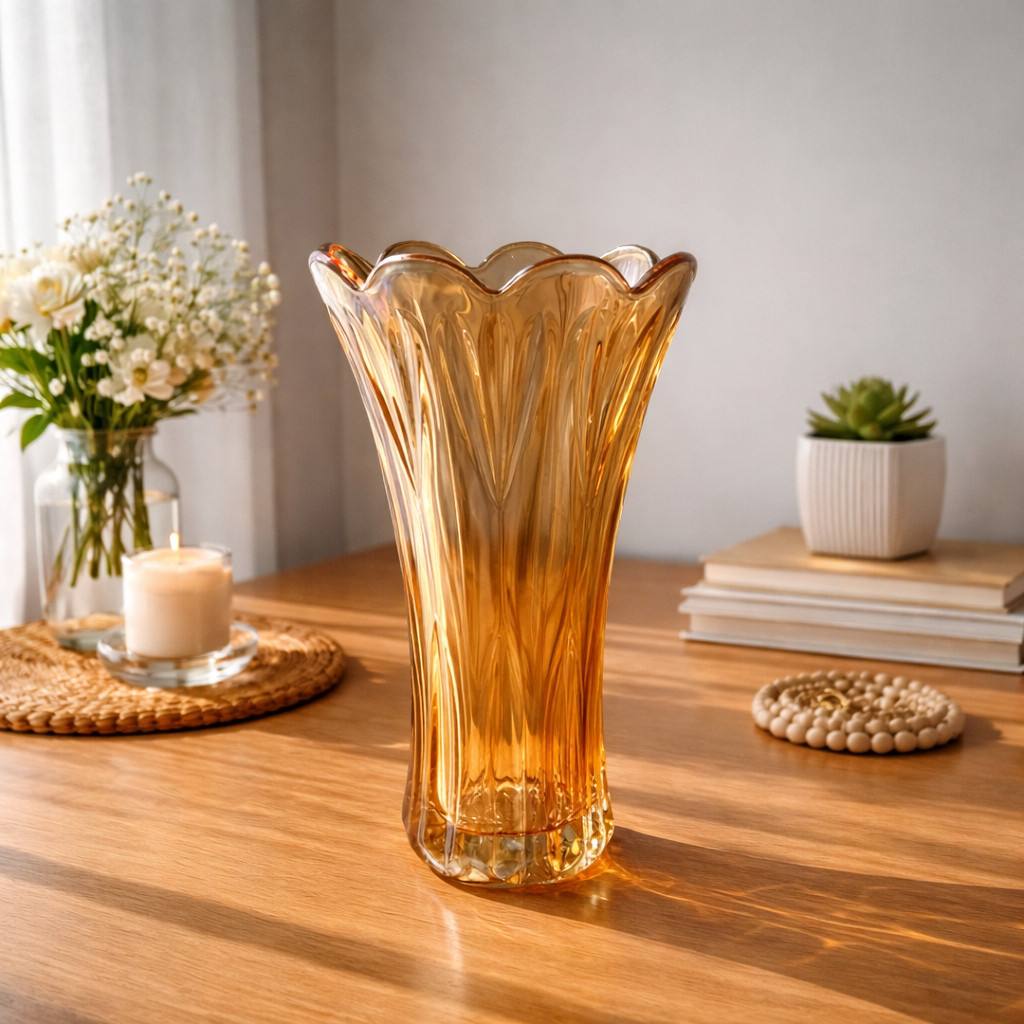 Vaso de Vidro Dourado Luxo | Peça Decorativa Premium p/ Sala ou Cozinha | Com Textura |  23cm
