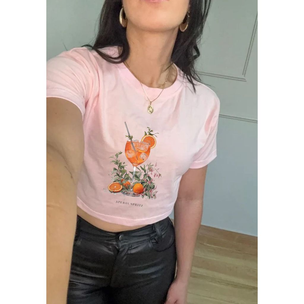 Cropped Camiseta Feminino Aperol Spritz Estilosa Tshirt  Drink Laranja Tendência Estilosa Básica Algodão