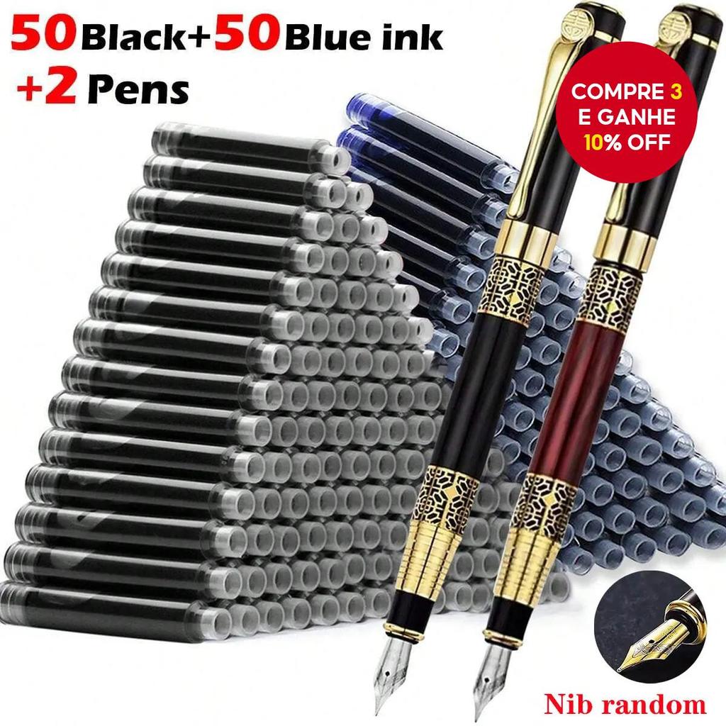 Conjunto de 100 canetas-tinteiro metálicas retrô com tinta substituível, ideal para escrita e presentes.