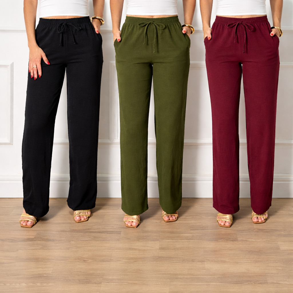 Calça Feminina Pantalona Cintura Alta Tecido Dunas