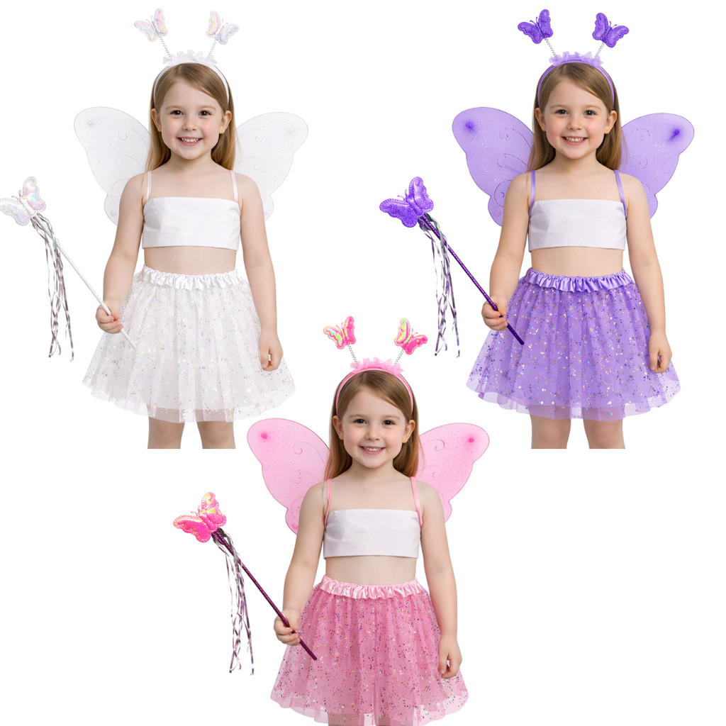 Kit Fantasia Borboleta Fada Infantil com Asa, Saia de Tule, Varinha e Tiara para Festa em Oferta na Shopee