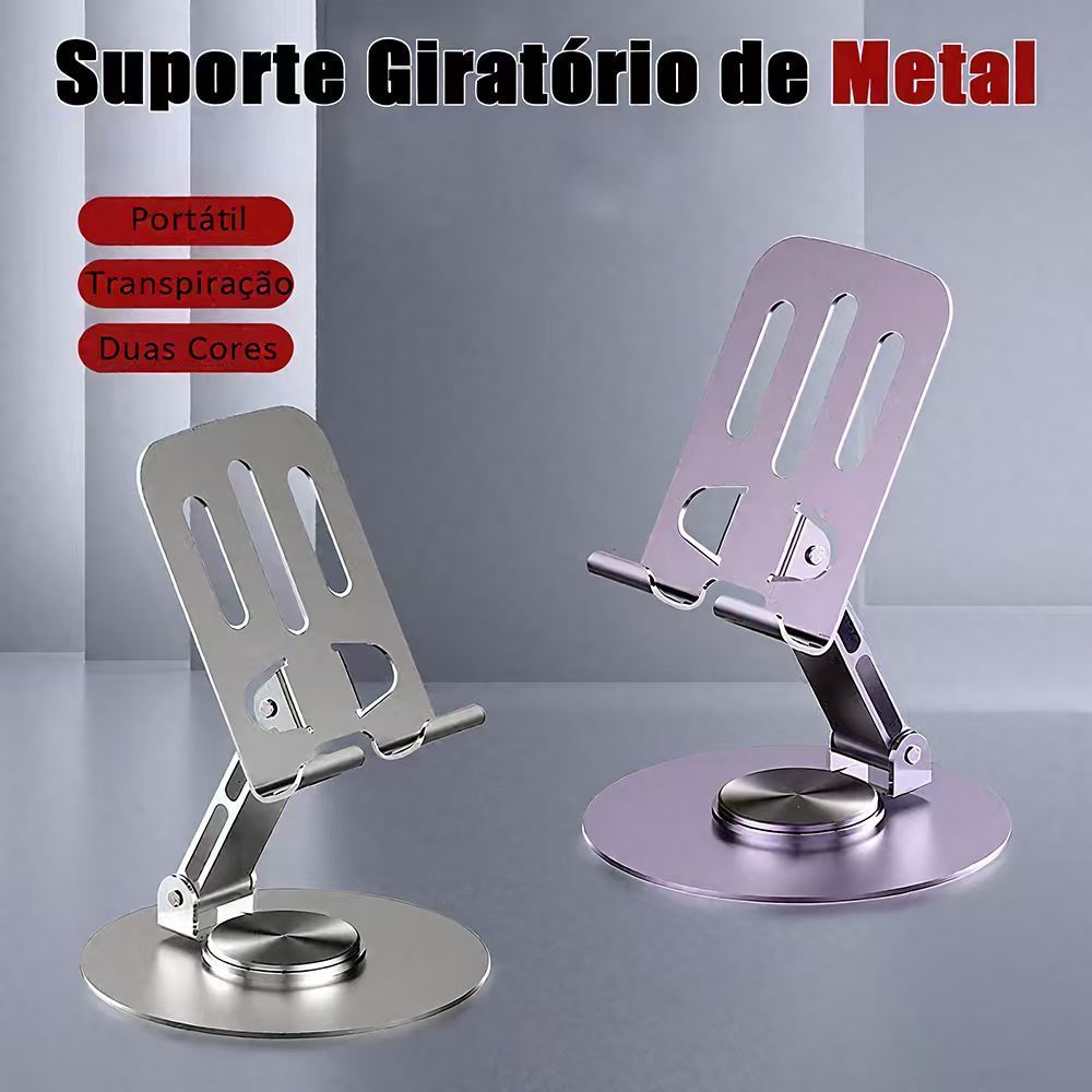 Suporte Alumínio de Mesa Base Rotatória Ajustável 360º Para Smartphones e Tablets