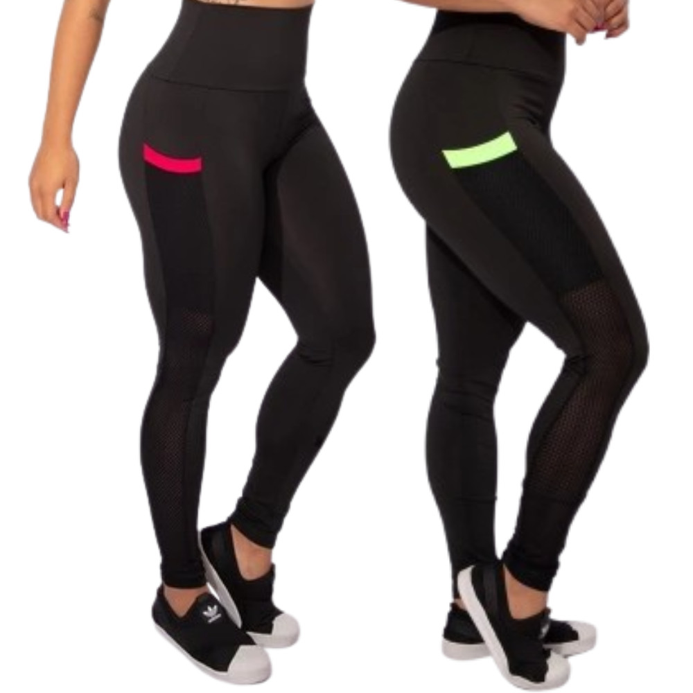 Kit 2 Calça Fitness Legging Cintura Alta com Bolso Lateral Transparência Zero