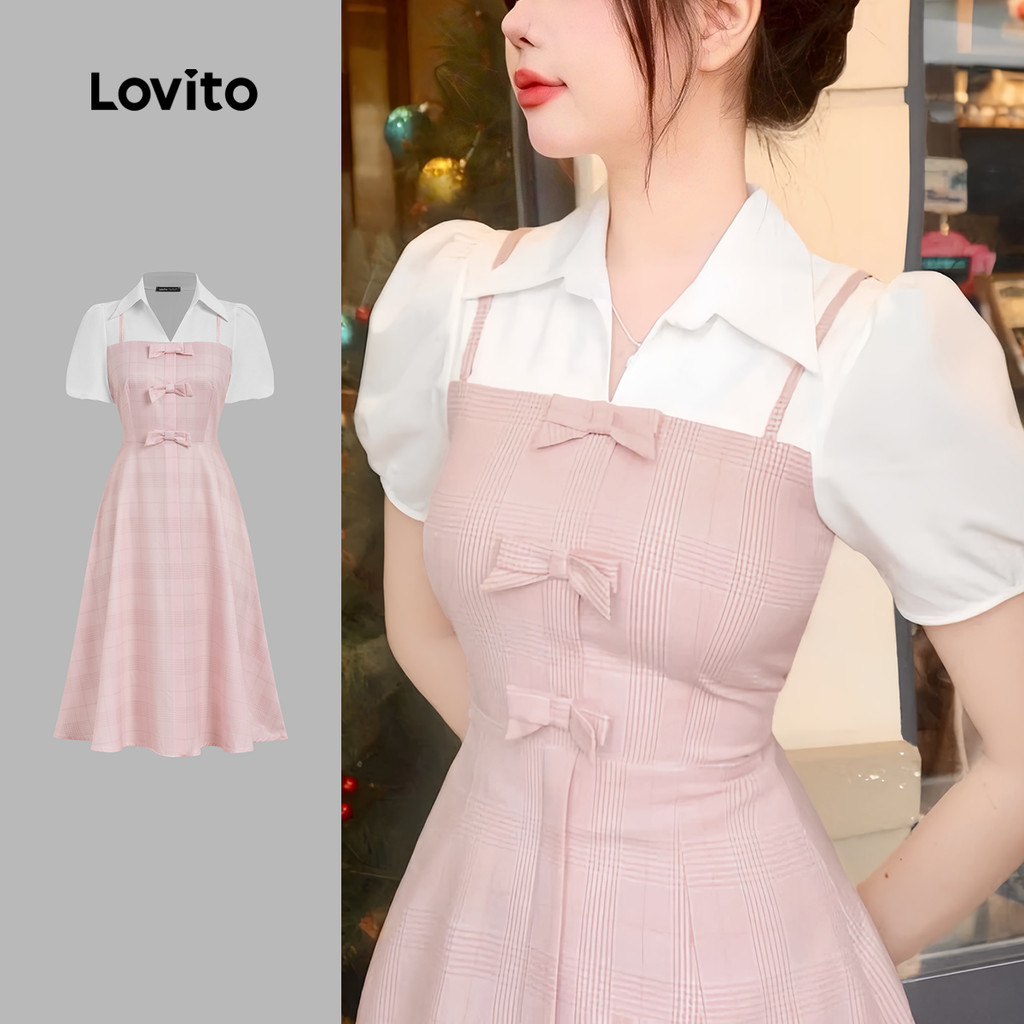 (Elegante) Lovito Tecido de Vestido Laço Frontal Vestido Rosa Primavera/verão para mulheres L177ED267
