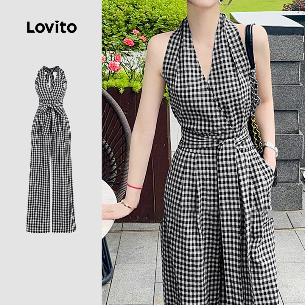 Lovito Macacão Clássico E Versátil Com Estampa Xadrez Vichy E Amarração Frontal Para Mulheres L132ED102 em Oferta na Shopee