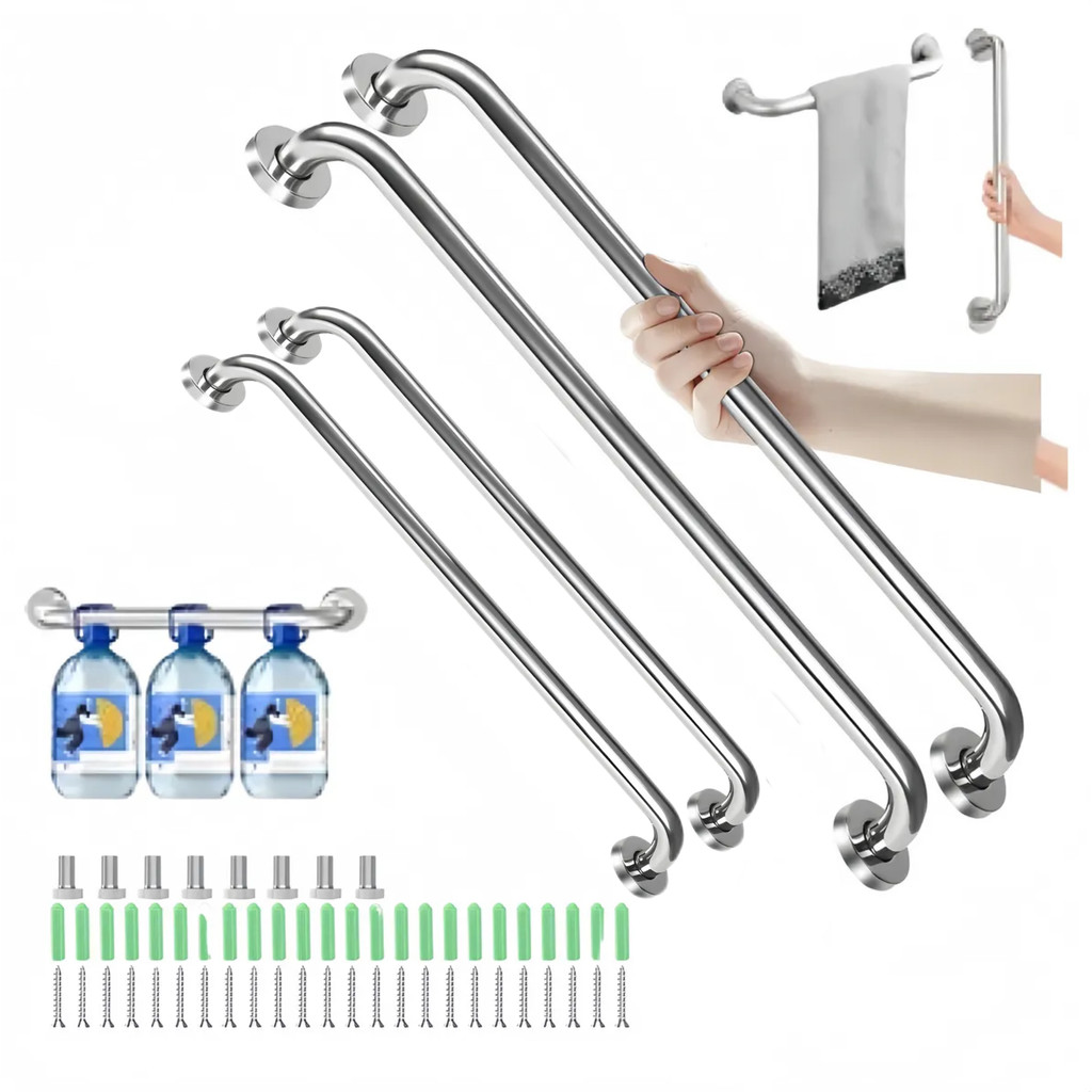 Barra Alça Apoio 40cm e 60cm Inox Prata Reluzente Moderno Banheiro Kit 2 ou 4 Peças Alta Qualidade