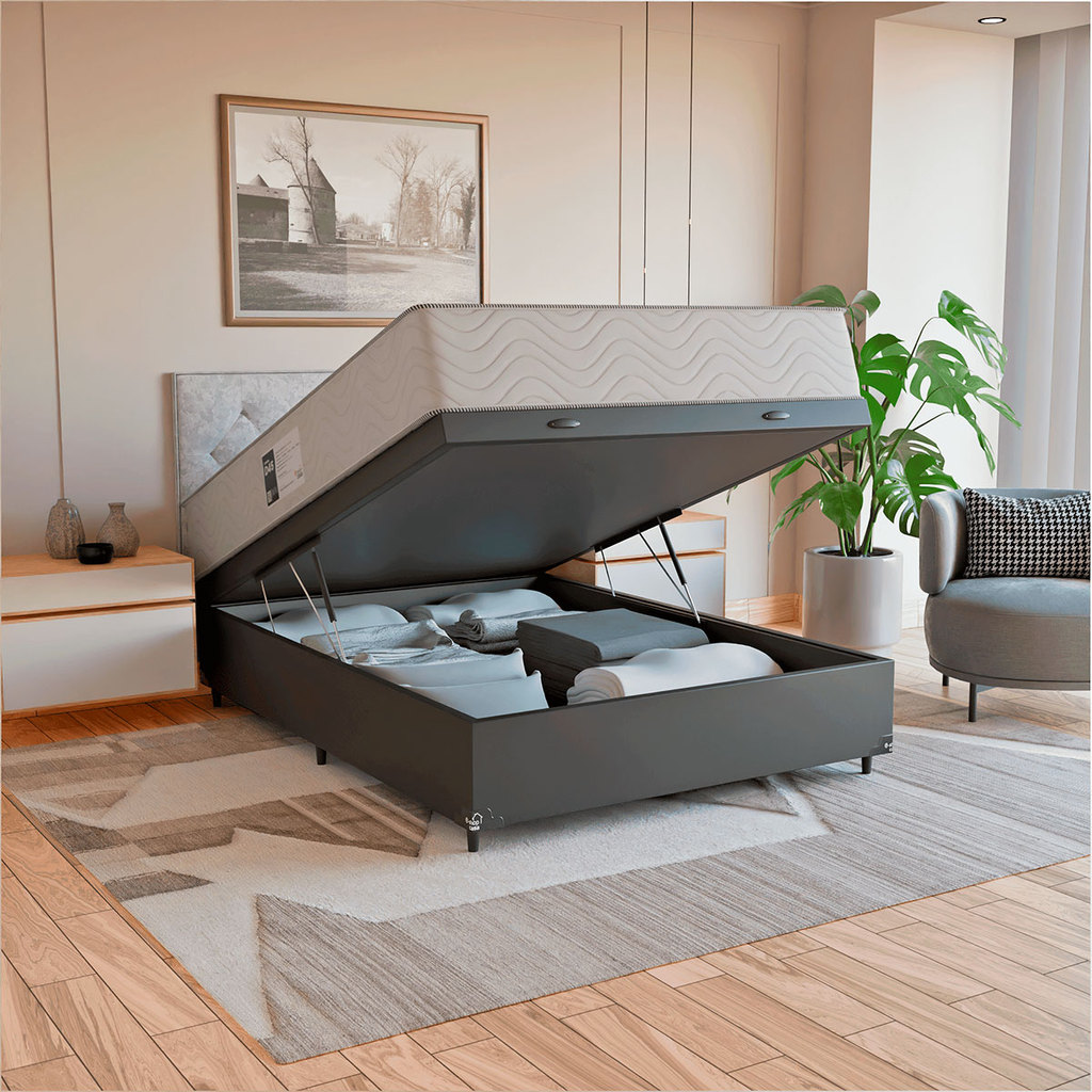 Cama Box Baú Viúva + Colchão Prime Espuma D45 - Couro Preto