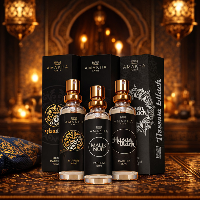 Trio de Perfumes Árabes Masculino  : Asadiyy + Malik Nuit  + Hasan Black  Parfum 15ml