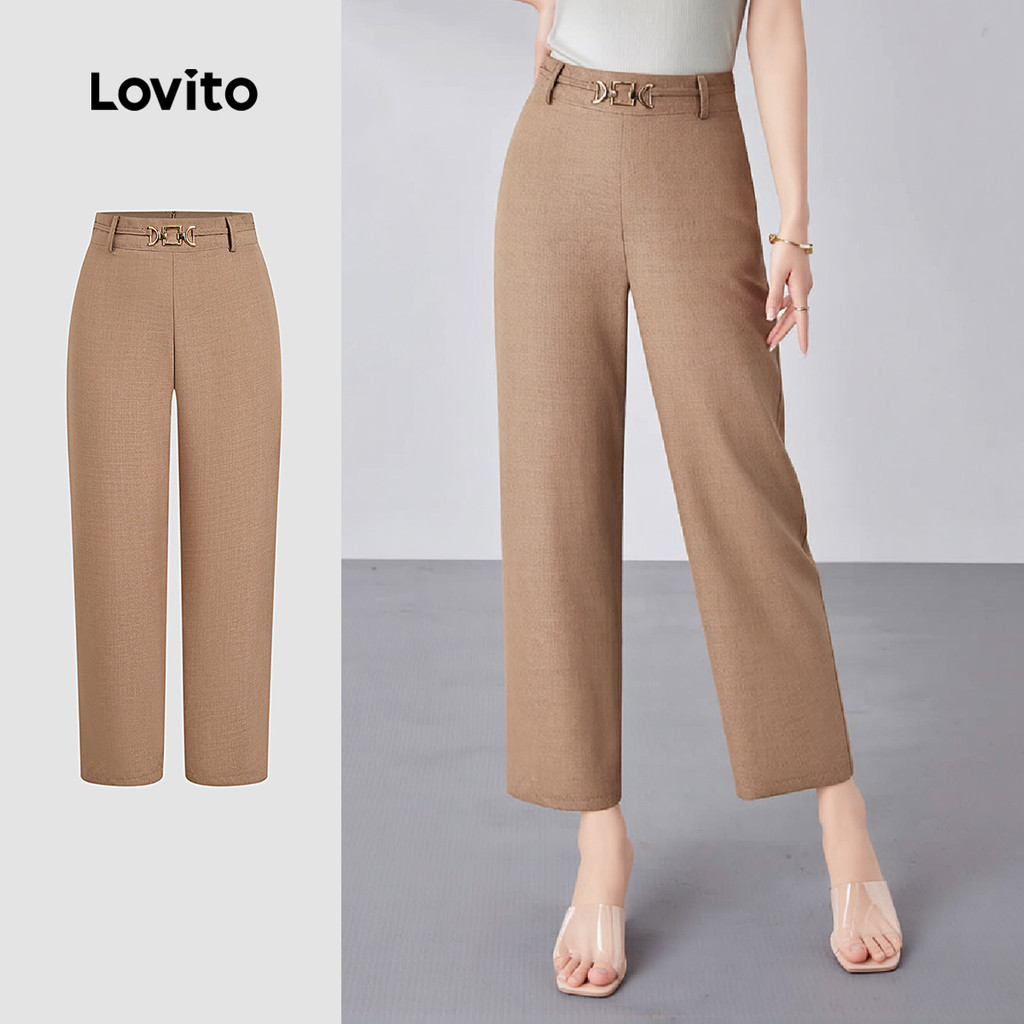 Lovito  Calça Elegante com Fivela Calça Khaki Simples para Primavera/verão para Mulheres L172ED805