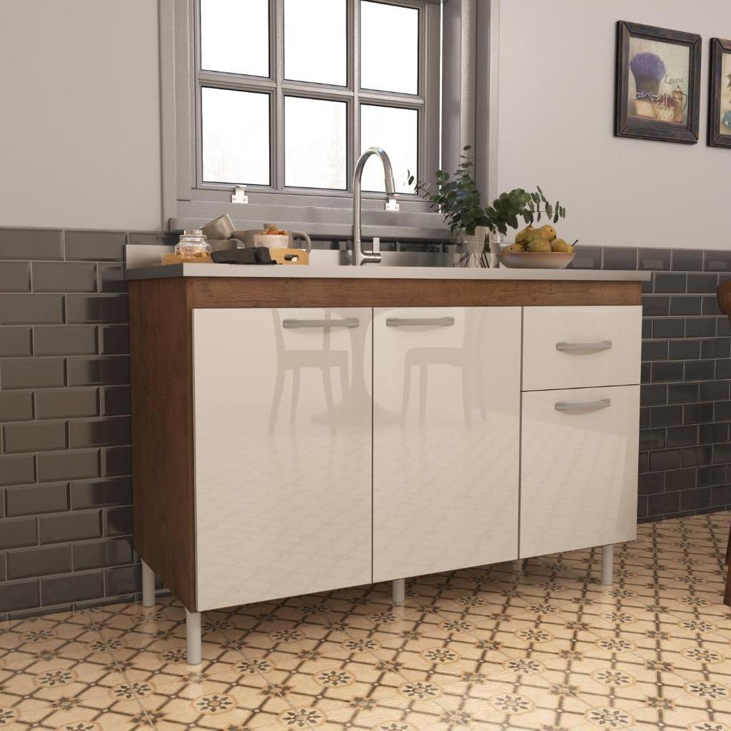 Balcão de Cozinha para Pia de 120cm Sem Tampo Suiça Fidelitá 3 Portas 1 Gaveta Noce/Off-White em Oferta na Shopee