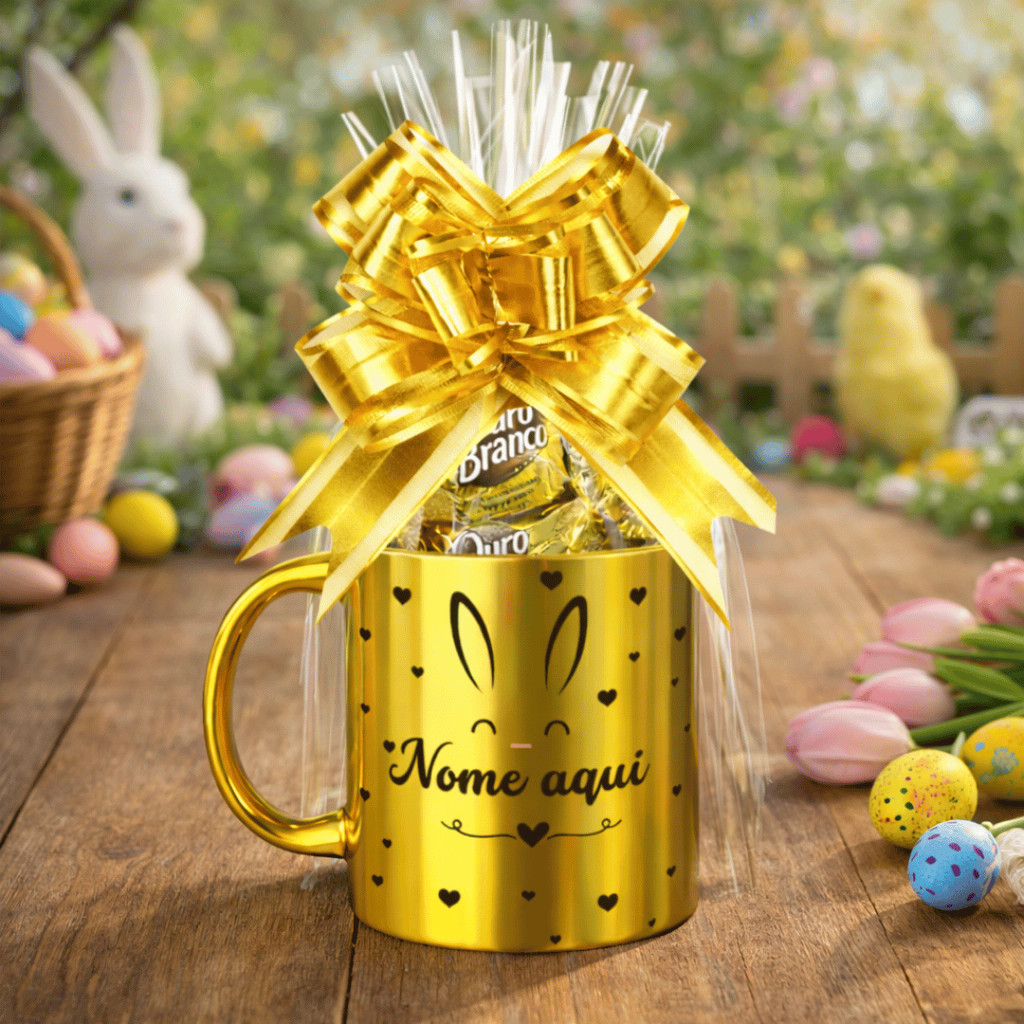 Kit Cesta Presente Páscoa Personalizado – Caneca Luxo cromada + Bombons + Laço