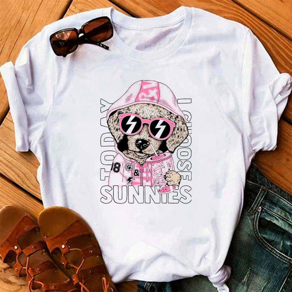 Camiseta Unissex em Algodão Linda Camiseta Feminina Básica T-shirt Baby Look Branca Dog Cachorro Estampa Fofa Promoção P