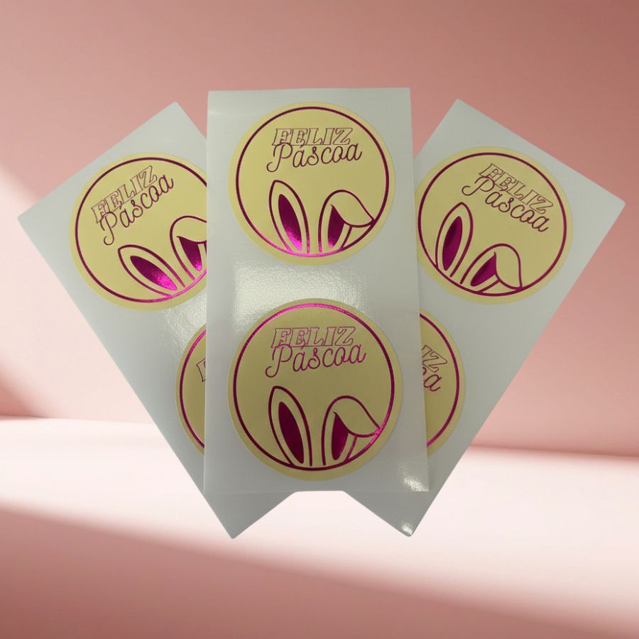 Adesivo Redondo "Feliz Páscoa" - Ref. 2510 -  Hot Stamping - 4x4cm - 20 unidades - Stickr - Rizzo em Oferta na Shopee