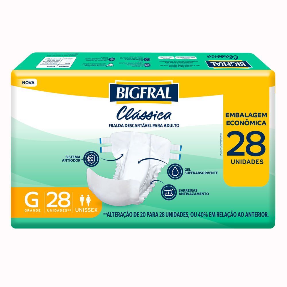 Fralda Bigfral Clássica Embalagem Ecônomica Tamanho G Com 28 Unidades em Oferta na Shopee