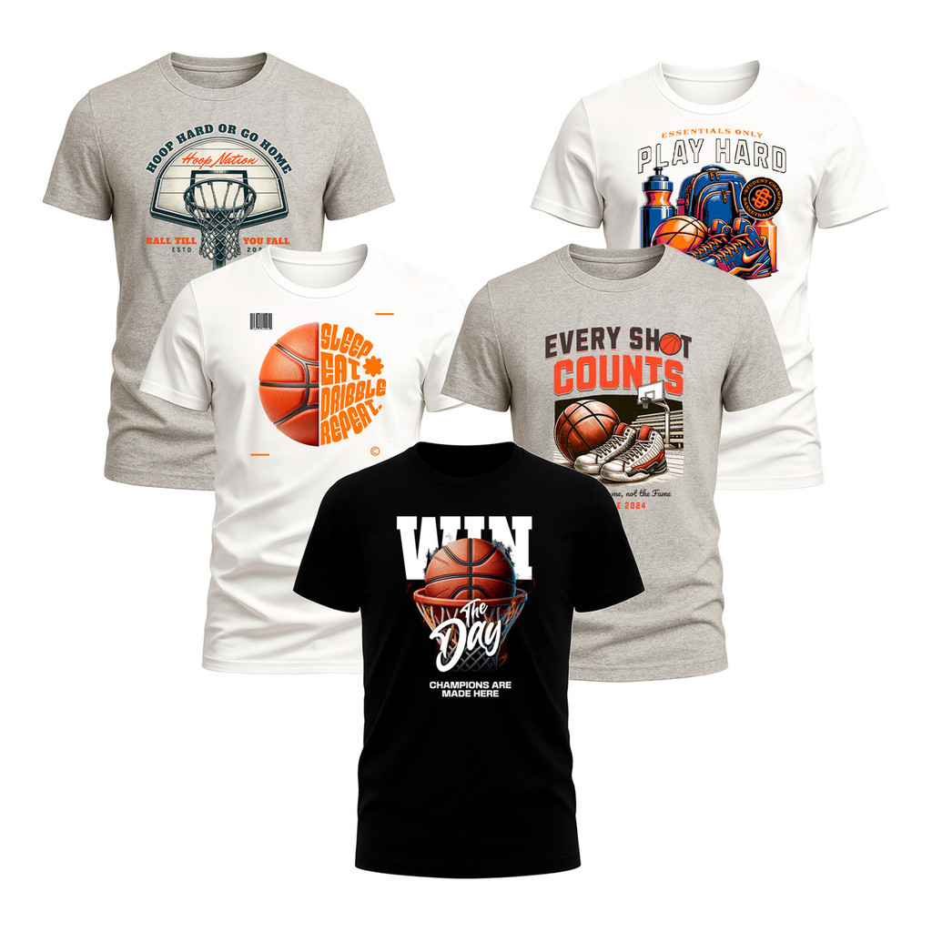 Kit 5 Camisetas Basketball: Hoop Hard, Play Hard E Win