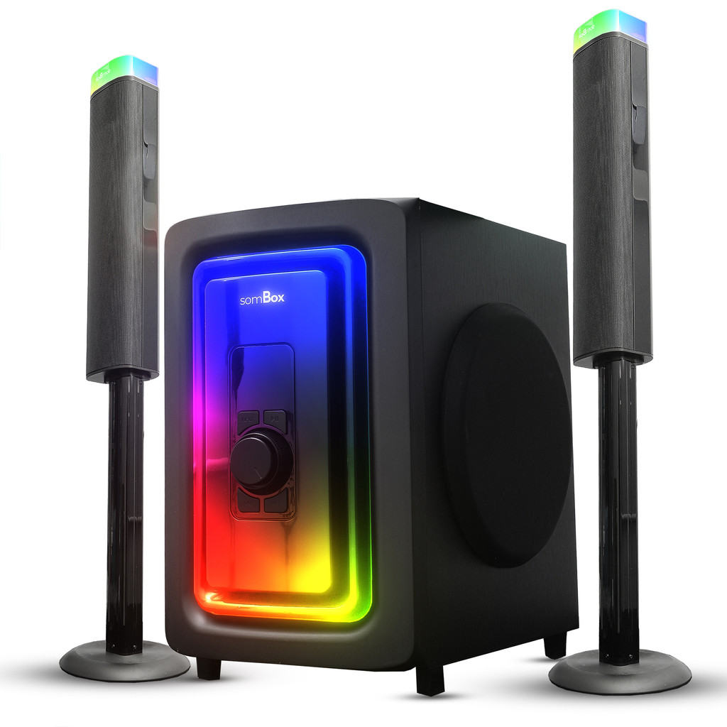 Caixa De Som Subwoofer 3.1 Bluetooth 190W Acústica 360 Luzes RGB USB MicroSD FM Com Controle Remoto P/Casa  Home Theater