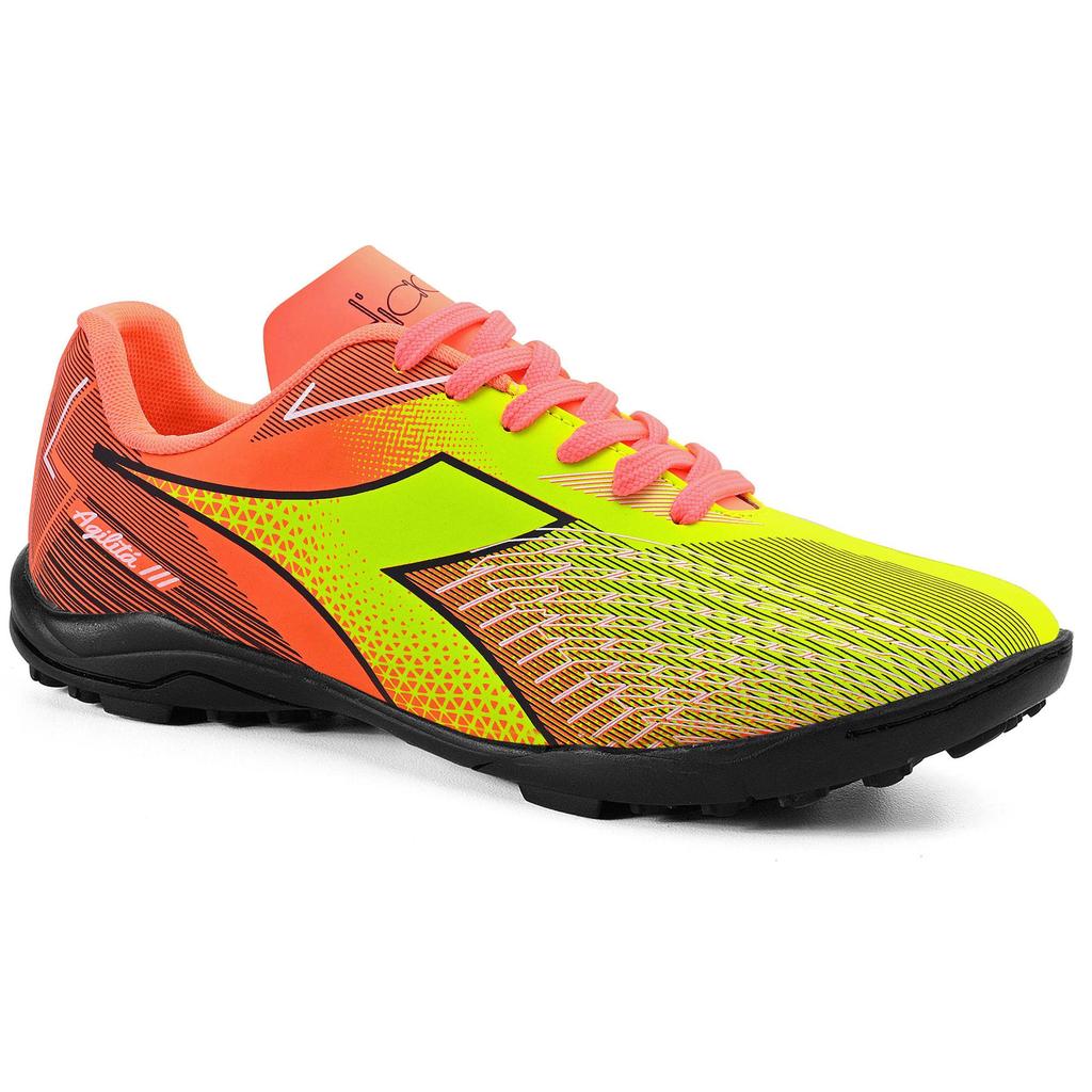 Chuteira Infantil Diadora Agilita III Society Amarelo neon e Coral