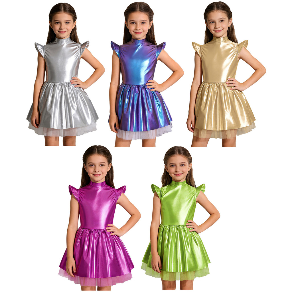 inhzoy Crianças Meninas Alien Dress Up Trajes Iridescente Brilhante Mock Neck Manga Voadora Costas Zíper Invisível Vesti em Oferta na Shopee