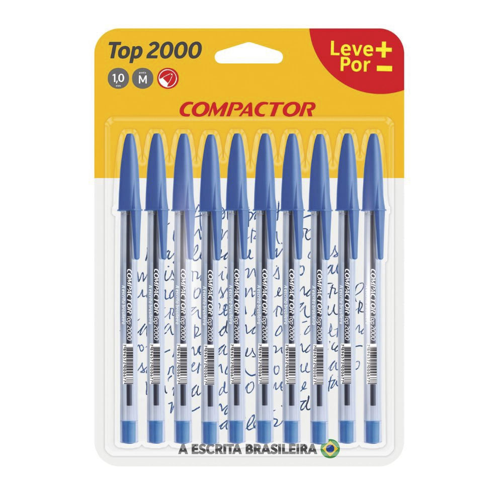Caneta Esferográfica Compactor Top 2000 1.0mm Azul com 10 Unidades em Oferta na Shopee