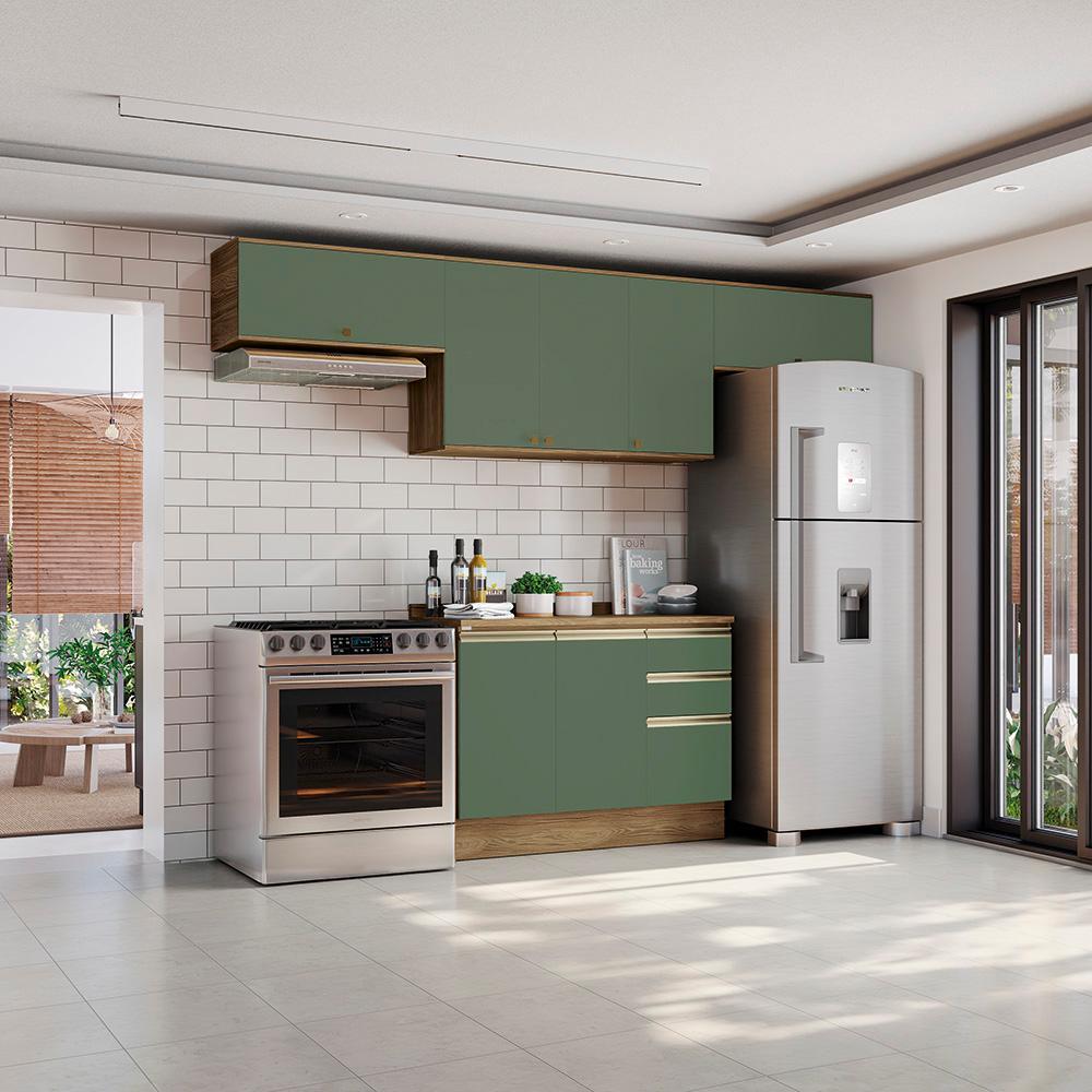Armário de Cozinha Completa 100% MDF 280cm Nogueira/Verde Celeste Kappesberg