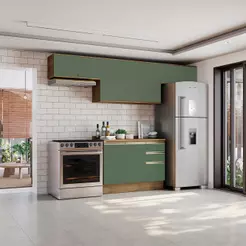 Armário de Cozinha Completa 100% MDF 280cm Nogueira/Verde Celeste Kappesberg