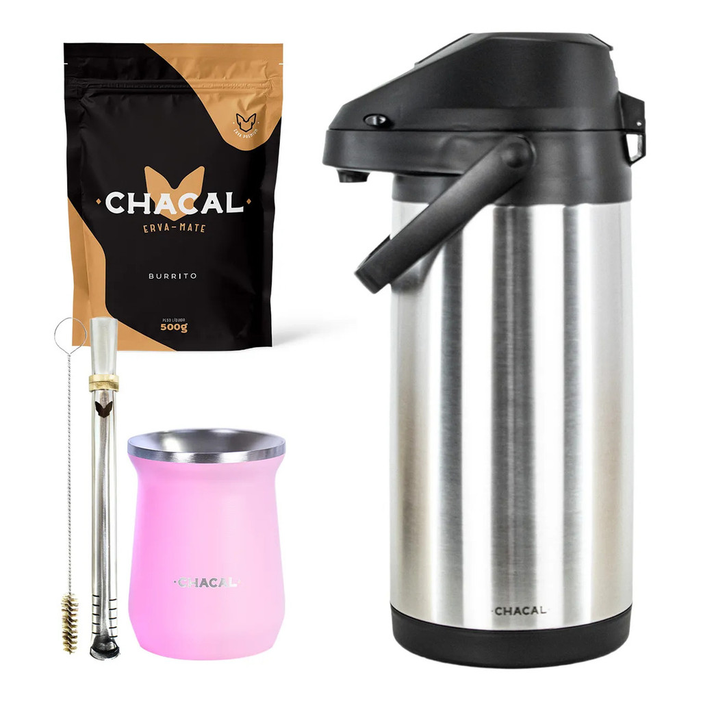 Kit Tereré Chacal Copo Rosa Bomba Garrafa Térmica Inox 4l E Erva