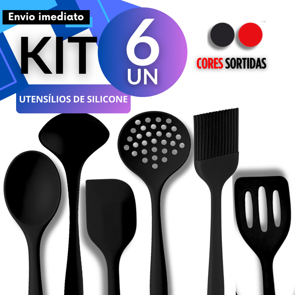 Conjunto Utensílios Silicone 6pçs Não Risca Antiaderente Colher Concha Pão Duro Pincel