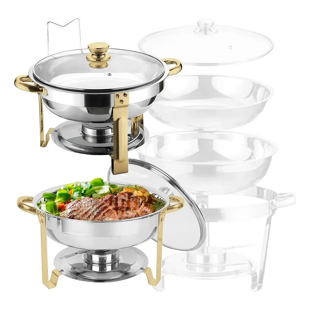 Rechaud Aço Inox Redondo 6 Litros Banho Maria Aquecedor Alimento Tampa de Vidro