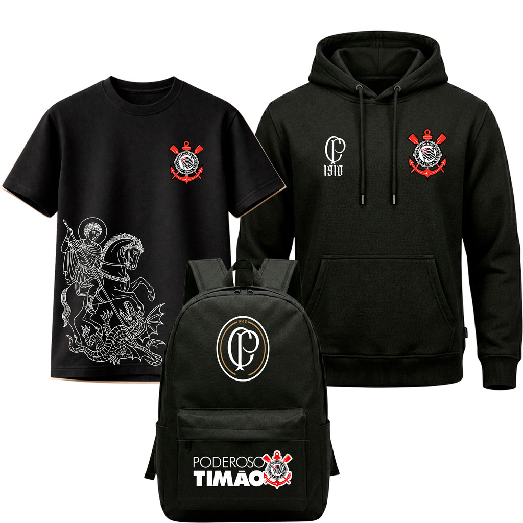 Kit Corinthians São Jorge Moletom + Camiseta + Mochila Timão