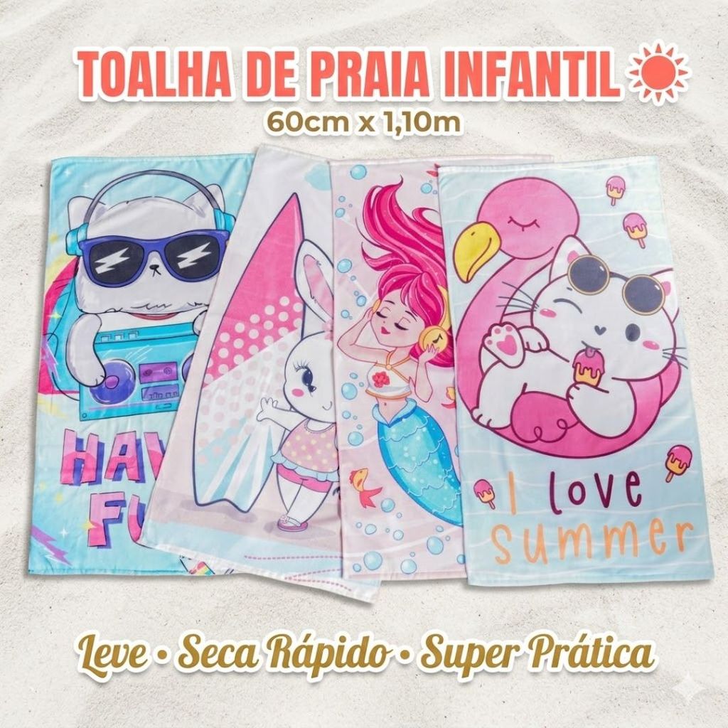 Toalha de Praia Infantil 60x110cm Seca Rápido Leve Menina Piscina Praia Escolar Estampada Bene Casa
