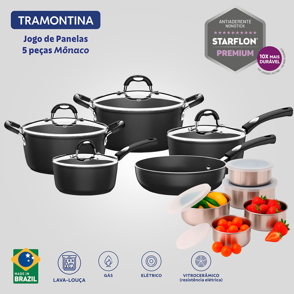 Jogo de Panelas Tramontina Mônaco 5 Peças e Conjunto de Tigelas Inox com tampa em Oferta na Shopee