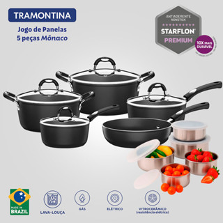 Jogo de Panelas Tramontina Mônaco 5 Peças e Conjunto de Tigelas Inox com tampa em Oferta na Shopee