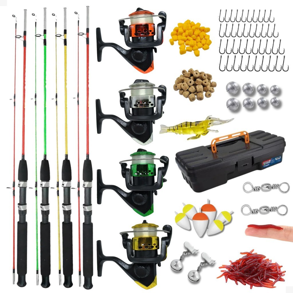 Kit Pesca 4 Vara Maciça 4 Molinete + Linha Maleta Acessórios