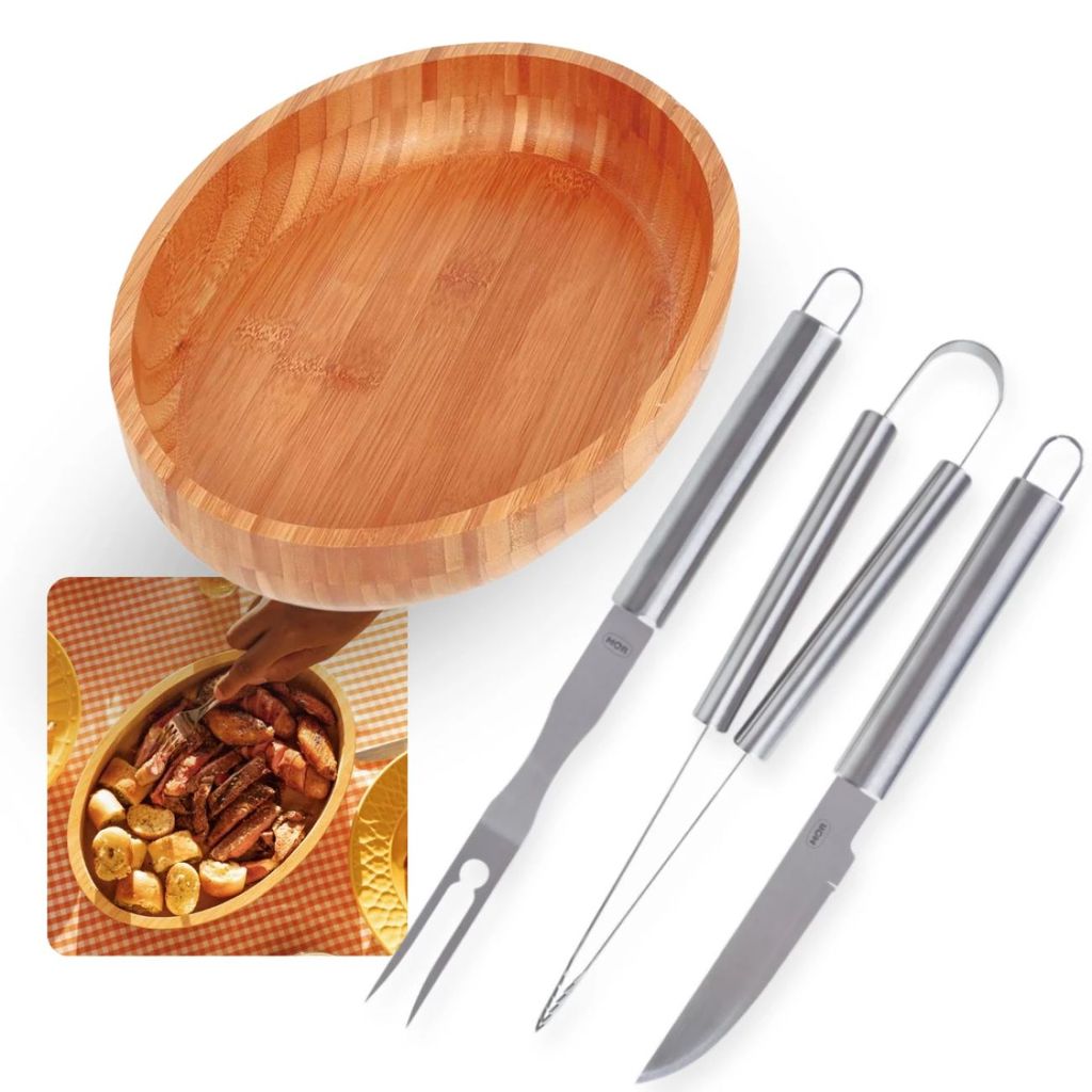 Jogo Churrasco 3 Peças (faca Garfo e Pegador) em Inox + Gamela Bandeja Oval para Servir