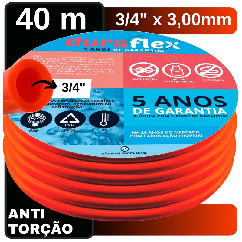 Mangueira p/ Jardim Resistente 40Metros 3/4" x 3mm Laranja Profissional
