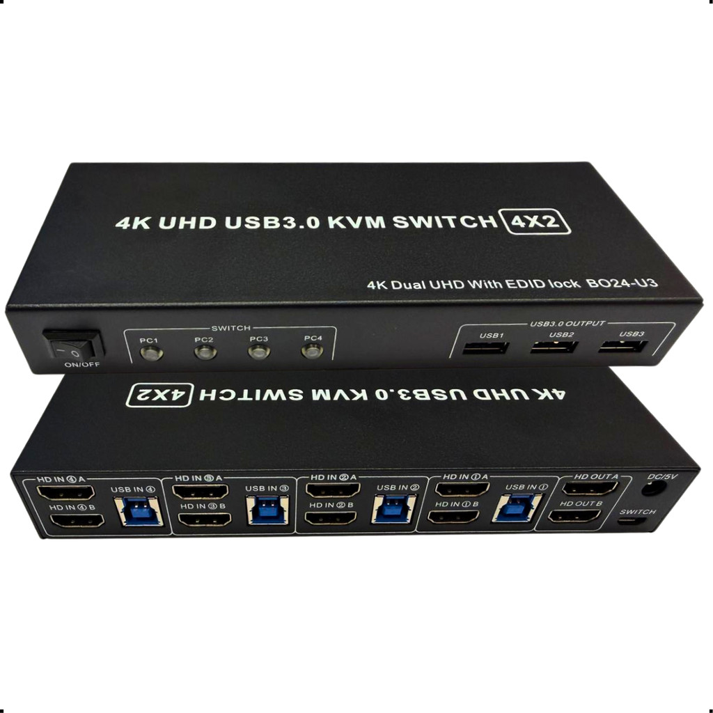 Switch KVM HDMI 4x2 USB 3.0 4 PCs 2 Monitores EDID 4K BO24U3