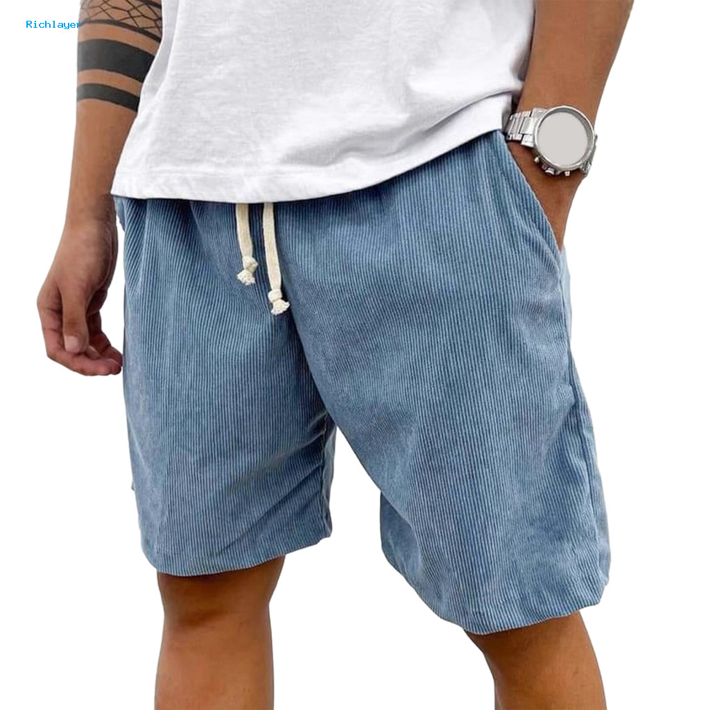 Shorts Masculinos De Veludo Cotelê Com Cordão Na Cintura Verão Masculino Elástica Bolsos Largos Ajustáveis – Casual Solto Fi