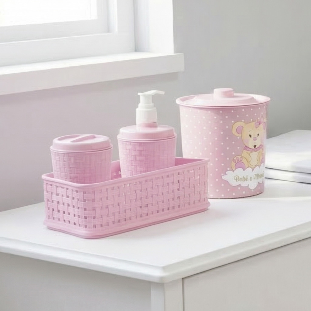 Kit Porta Algodão 3 Peças Higiene Bebê + Lixeira Ursinho 3L Rosa