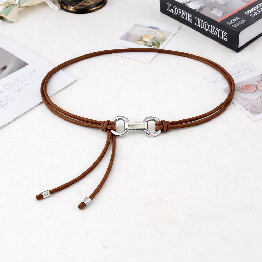 Cinto Feminino Elegante Fino Minimalista Metal Aço 316L Cinto Couro Ajústavel Amarrado Rodeio