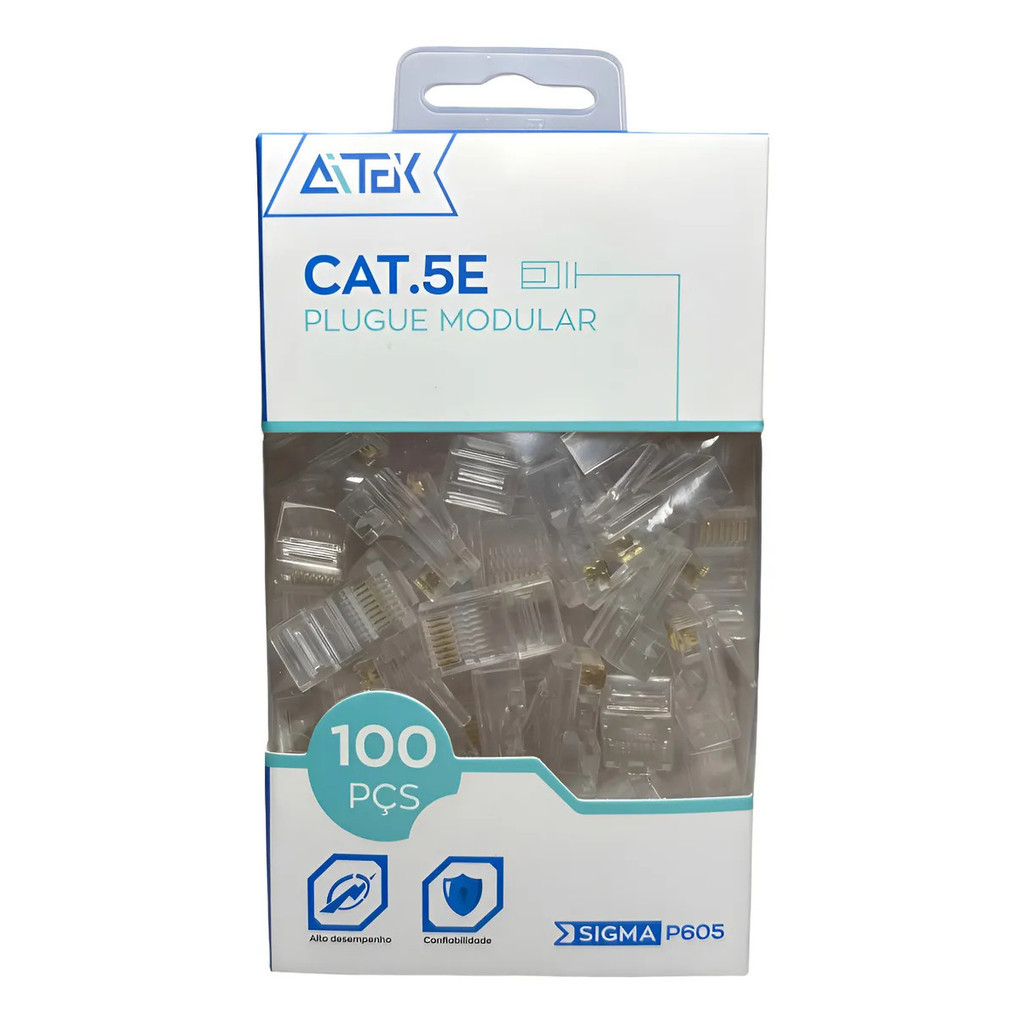 Conector De Rede Rj45 Macho Cat 5e Cat 5 Vazado Kit 100un Compativel com Cat 5e/ 5