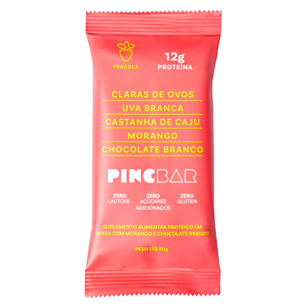 Barra de Proteína PincBar Fragola com 12g de Proteína Sabor Morango com Chocolate Branco 50g