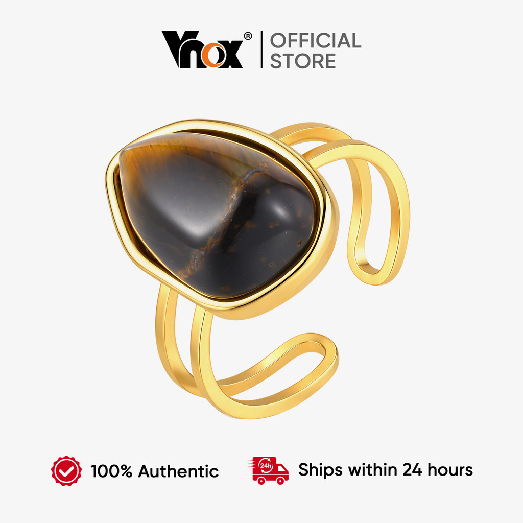 Vnox Geométrico Natural Olho De Tigre Pedra Aberta Anel De Camada Dupla Para Mulheres E Meninas , Anéis Vintage De Ouro