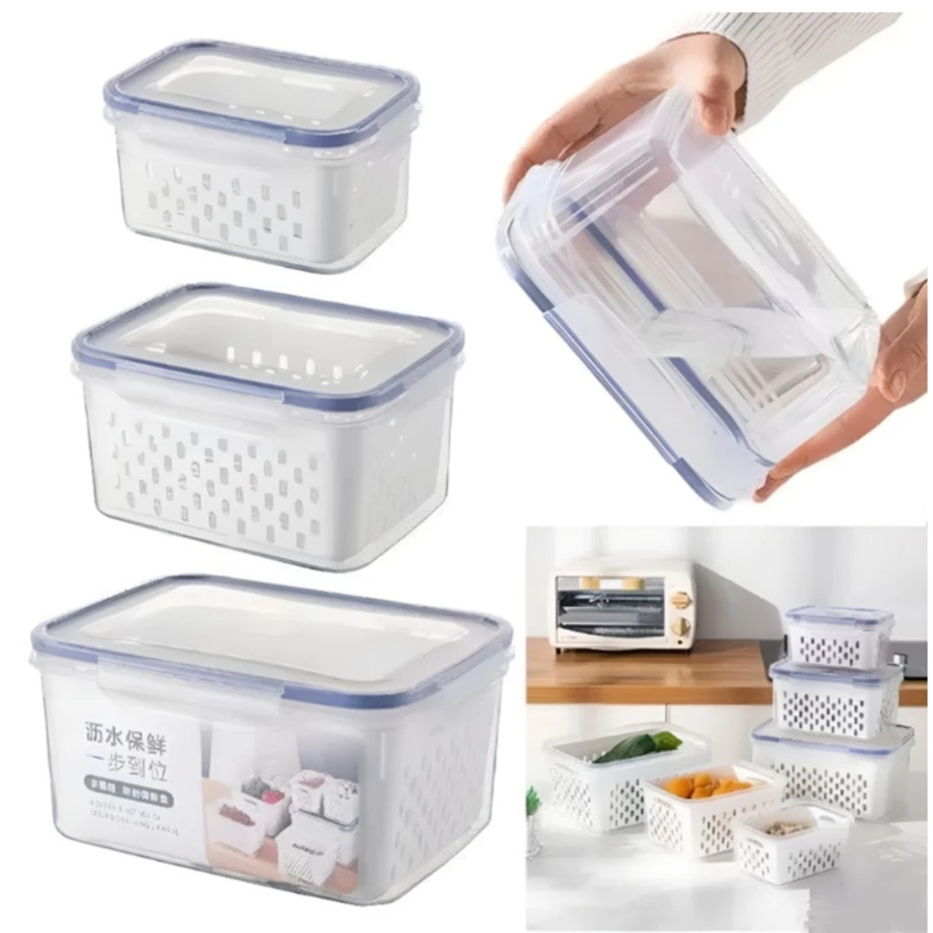 Kit 3 Organizadores Potes Hermetico Geladeira 850ML/1750ML/3300ML Alimentos Vegetais