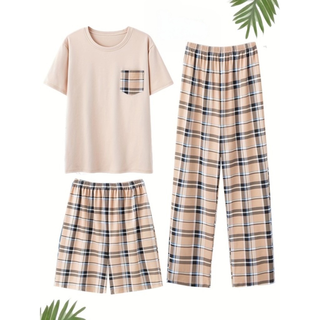 Imagem Masculino clássico xadrez manga curta + Shorts + calças conjunto de três peças macio e confortável Loungewear