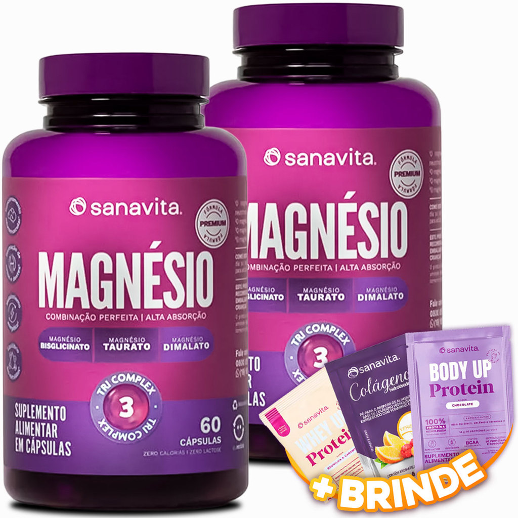 Kit 2x Magnésio Tri Complex Suplemento Alimentar Sanavita Bisglicinato Taurato Dimalato 60 Cápsulas